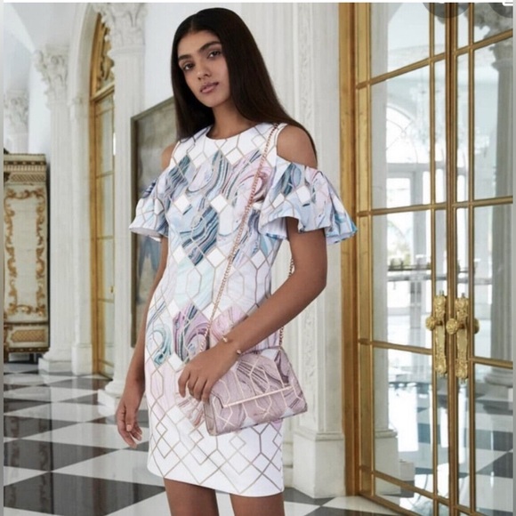 TED BAKER KRIMBA SEA OF CLOUDS COLD- SHOULDER DRESS -with Ruffled Sleeves